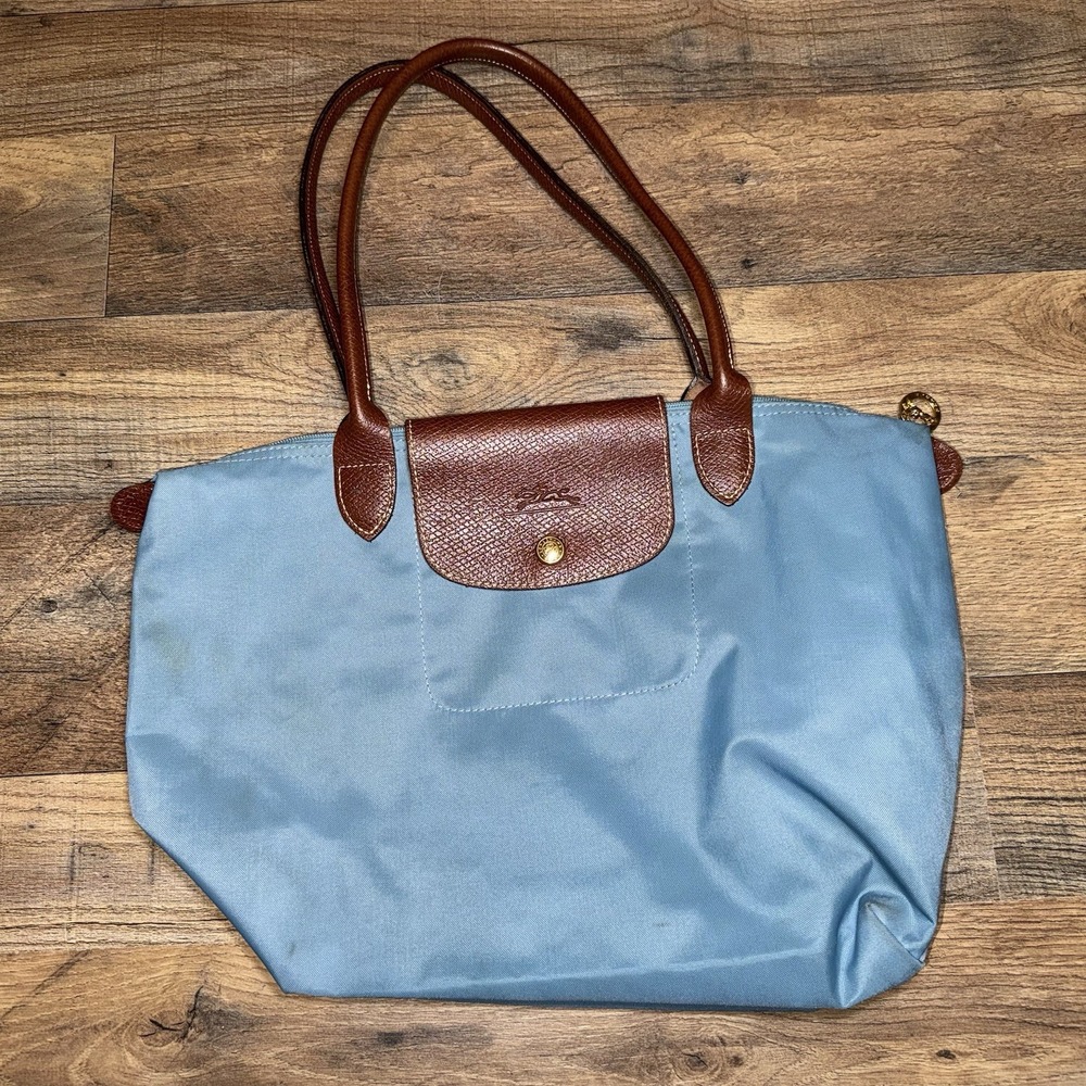Longchamp Le Pliage Shopper Shoulder Bag Light Blue Nylon Tote 15x10 inch